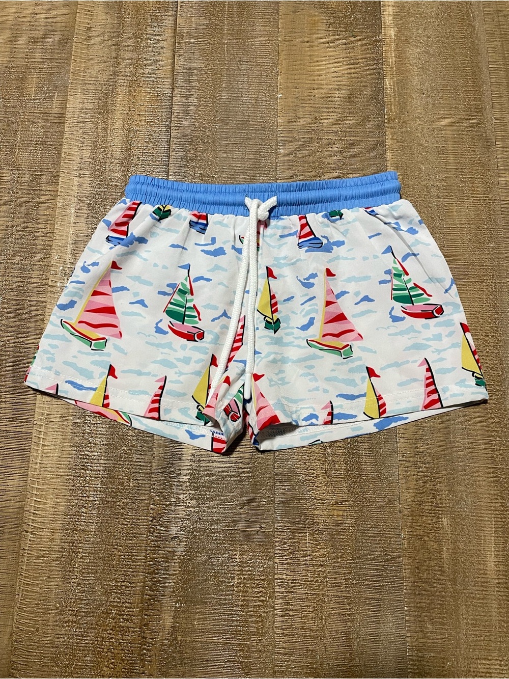 Sailboat Print Swim Shorts in White and Blue